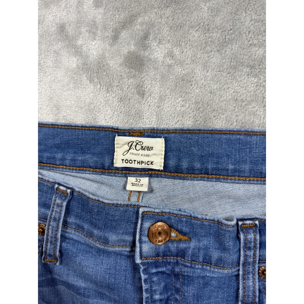 J.Crew Toothpick Jeans Womens Size 32 Distressed‎ Raw Hem Ripped Knee Blue
